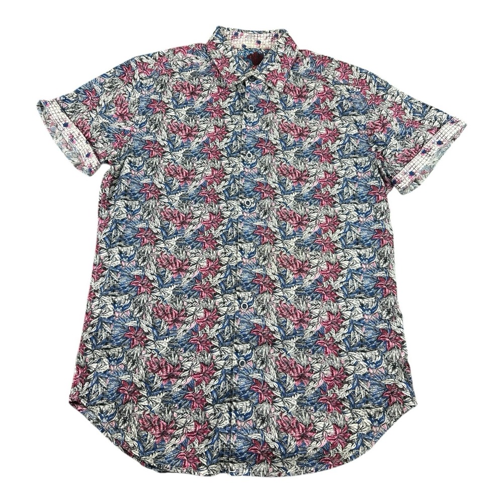 Robert Graham Pink White Blue Hibiscus Cotton SS Button Front Shirt Mens Small